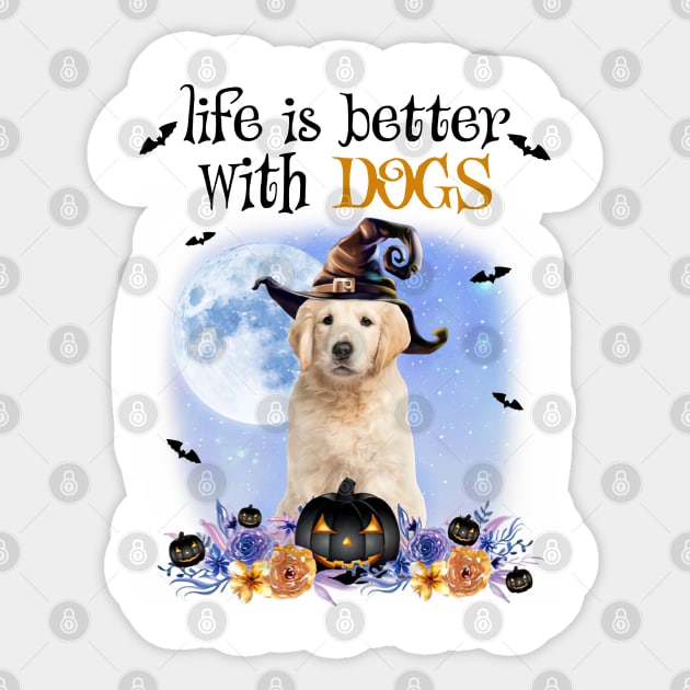 Golden Retriever Witch Hat Life Is Better With Dogs Halloween Sticker by cyberpunk art
